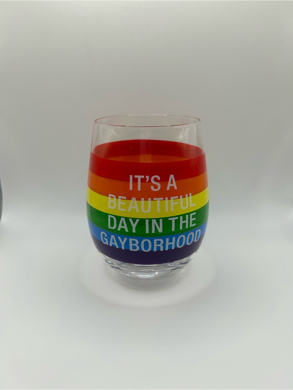 🆕 Rainbow Stemless Wine Glass "It's a Beautiful Day in the Gayborhood" 🌈 🍷